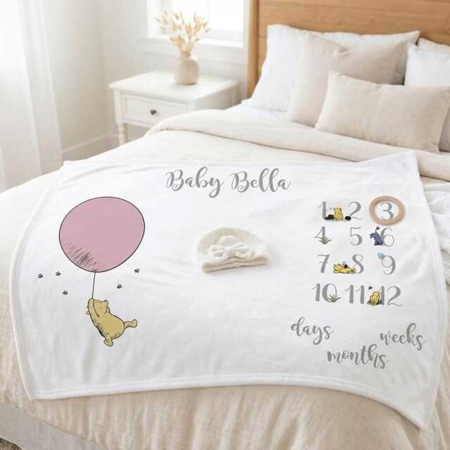 Personalised Pooh Bear Milestone Blanket, Custom Newborn Photo Prop, Storybook Keepsake - image 1