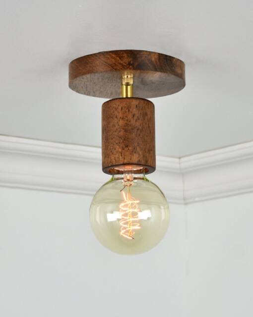 Wood Flush Mount Led Lamp 5 Finish Options - Walnut & Brass Lighting Ceiling Light Unique Rustic Fixture Short Ceiling Lamp - image 1