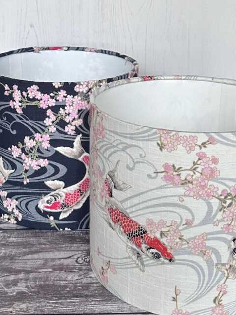 Koi Carp Pattern Lampshade, Japanese Fabric Blue Pink White New Home Gift, Handmade Table Lampshade - image 1