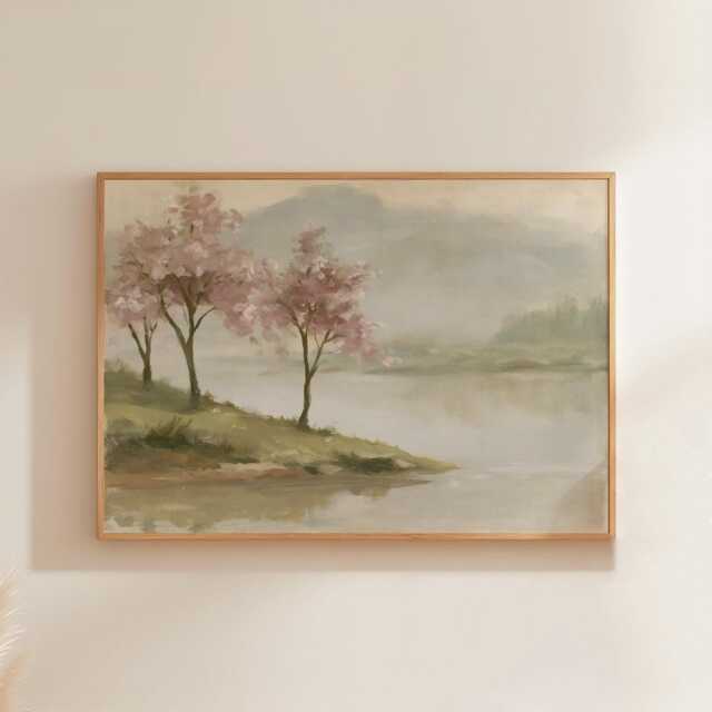 Pink Blossom Poster, River Landscape Print, Nature Wall Art, Paper - image 1