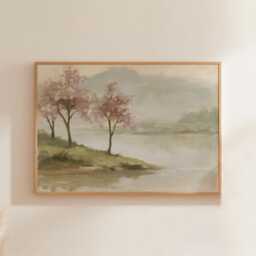 Pink Blossom Poster, River Landscape Print, Nature Wall Art, Paper - thumbnail 1