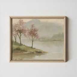Pink Blossom Poster, River Landscape Print, Nature Wall Art, Paper - thumbnail 3