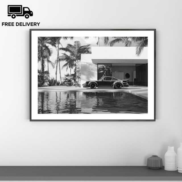 Vintage Classic Car Print, Porsche 911 Pool Palms, Fine Art Photography Wall Art, Museum Quality Black & White Poster - image 1
