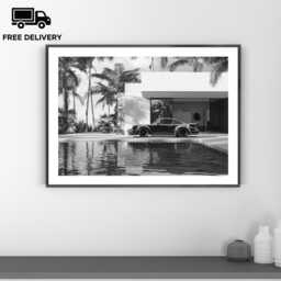 Vintage Classic Car Print, Porsche 911 Pool Palms, Fine Art Photography Wall Art, Museum Quality Black & White Poster - thumbnail 1
