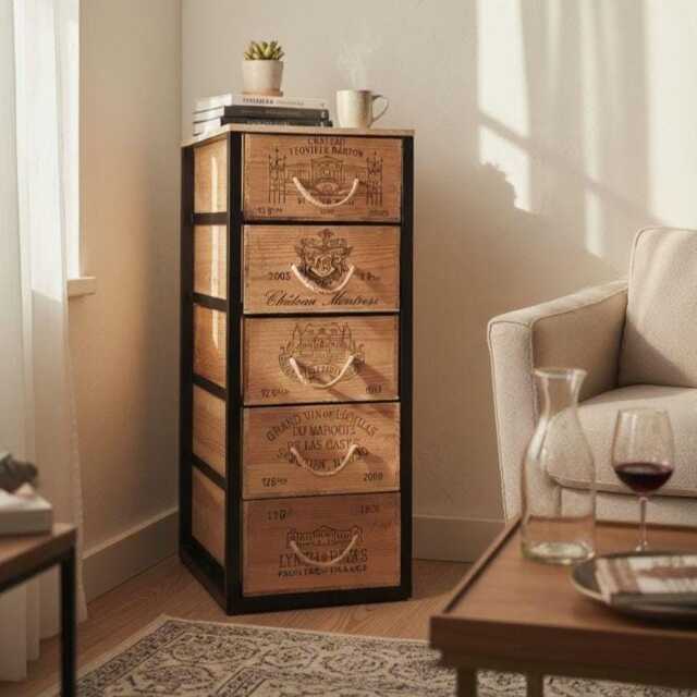 Reclaimed Authentic French Wine Boxes Cabinet With Rustic Handcrafted Steel Frame, Vintage Drawers Original Winery Wood Crates Tags - image 1
