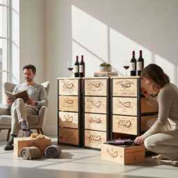 Reclaimed French Wine Box Cabinet, Rustic Steel Frame, Vintage Drawers - thumbnail 4