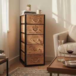 Reclaimed French Wine Box Cabinet, Rustic Steel Frame, Vintage Drawers