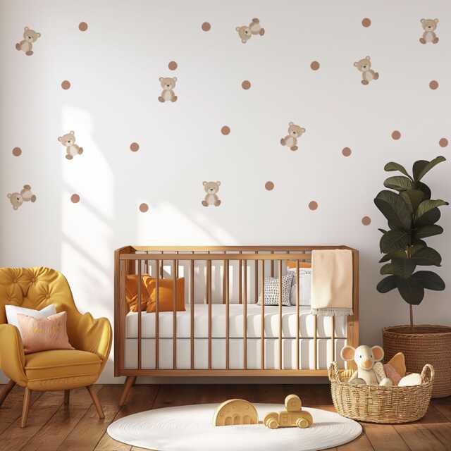 Teddy Bear Wall Decals Neutral Nursery Decor Stickers Baby Boy Beige Polka Dot - image 1