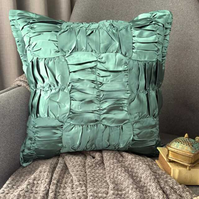 Teal Blue Satin, Ruched Textured Solid Pattern, Contemporary Throw Pillow Cover/Euro Sham - Dreamy - image 1