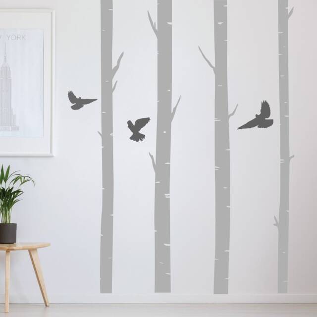 Birch Trees With Birds Wall Stickers - Living Room Wall Decals Tall Trees Interior Decoration - image 1