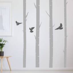 Birch Trees With Birds Wall Stickers - Living Room Wall Decals Tall Trees Interior Decoration
