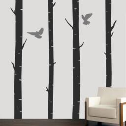 Birch Trees With Birds Wall Stickers - Living Room Wall Decals Tall Trees Interior Decoration - thumbnail 2