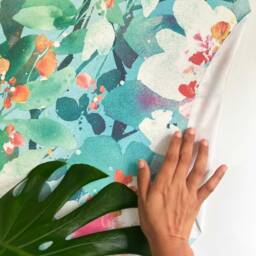Floral Wall Sticker Reusable Fabric Decal, Turquoise Teal Flowers - thumbnail 2