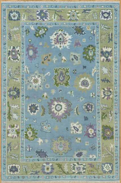 Handmade Wool Oushak Rug, Coastal Floral Design, Blue Sage Green Ar_3808 - image 1