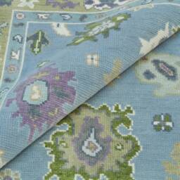 Handmade Wool Oushak Rug, Coastal Floral Design, Blue Sage Green Ar_3808 - thumbnail 3