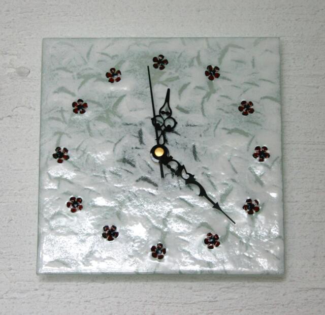 Floral Bouquet Clock, Featuring A Circlet Of Copper Flowers Set Upon Base 3mm Glass With Mottled White Finish