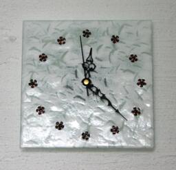 Floral Bouquet Clock, Featuring A Circlet Of Copper Flowers Set Upon Base 3mm Glass With Mottled White Finish