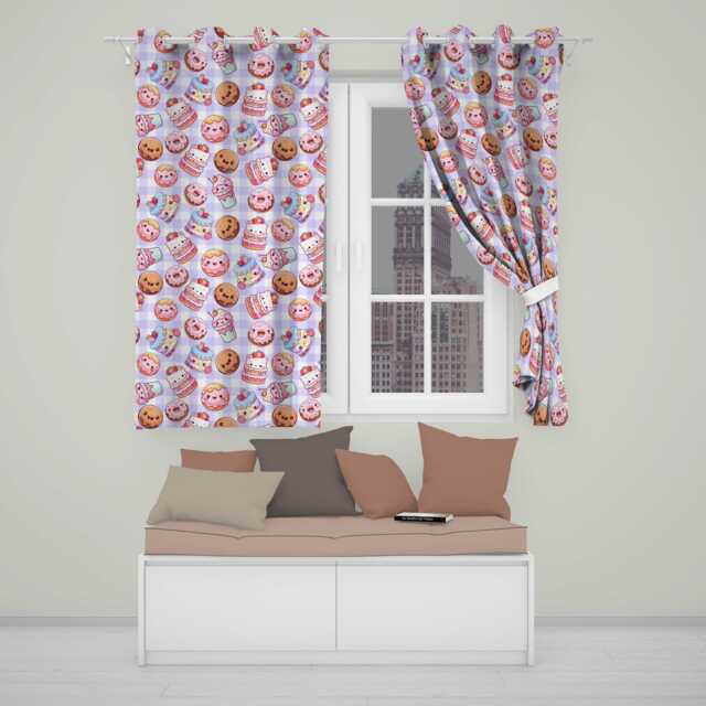Kawaii Donut Cake Cupcake Sweet Dessert Seamless Pattern Purple Gingham Readymade Eyelet Ring Top Thermal 100% Blackout Curtains - image 1