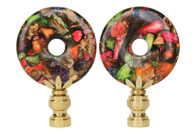 Tutti Frutti Sea Sediment Jasper & Bronzite Lamp Finials - Neon Rainbow Tones On Shiny Brass Hardware A Matching Pair - image 1