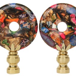 Tutti Frutti Sea Sediment Jasper & Bronzite Lamp Finials - Neon Rainbow Tones On Shiny Brass Hardware A Matching Pair - thumbnail 2