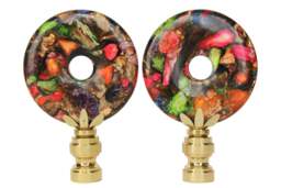 Tutti Frutti Sea Sediment Jasper & Bronzite Lamp Finials - Neon Rainbow Tones On Shiny Brass Hardware A Matching Pair - thumbnail 1