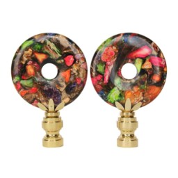Tutti Frutti Sea Sediment Jasper & Bronzite Lamp Finials - Neon Rainbow Tones On Shiny Brass Hardware A Matching Pair - thumbnail 4