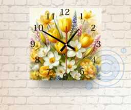 Floral Glass Wall Clock Yellow Tulips & Daffodils - Spring Decor