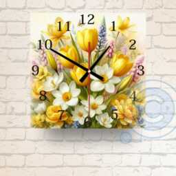 Floral Glass Wall Clock Yellow Tulips & Daffodils - Spring Decor - thumbnail 4