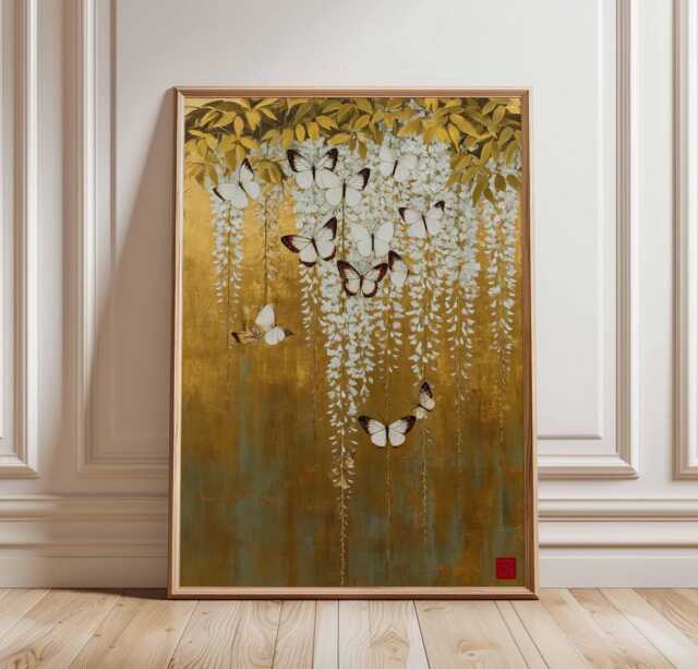 Butterfly & Wisteria Poster, Gold Botanical Wall Art Print, Asian-Inspired Hanging Flowers Decor, Elegant Nature Scene Artwork - image 1