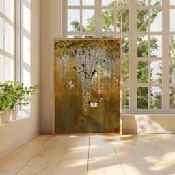 Butterfly & Wisteria Poster, Gold Botanical Wall Art Print, Asian-Inspired Hanging Flowers Decor, Elegant Nature Scene Artwork - thumbnail 3
