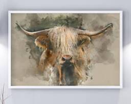 Highland Cow Bull Watercolor Print, Farm Animal Wall Art - thumbnail 3
