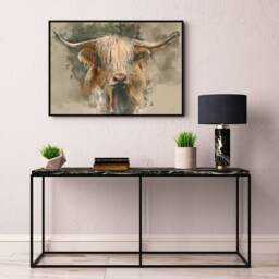 Highland Cow Bull Watercolor Print, Farm Animal Wall Art - thumbnail 1