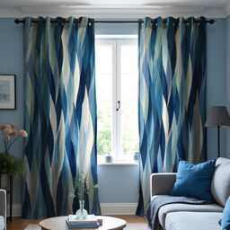 Abstract Blue Wave Curtains, Modern Watercolor Geometric Drapes, Ocean Inspired Window Treatment, Bold & White Curtain Panels - thumbnail 1