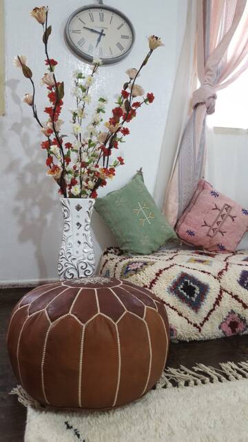 Stuffed Moroccan Leather Pouf, Pouf Ottoman, Handmade Floor Poof, Footstool, Ottoman Table, & Stools