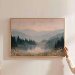 Misty Lake Sunset Print Serene Mountain Landscape Wall Art - thumbnail 1