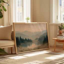 Misty Lake Sunset Print Serene Mountain Landscape Wall Art - thumbnail 2