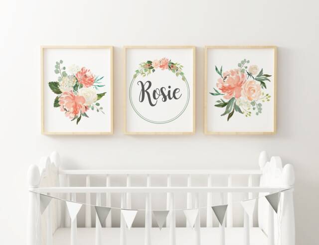 Set Of 3 Nursery Prints, {Digital Printables} Personalised Name Wreath, Watercolour Flowers, Peach Dream, Girls Room Wall Art, Decor - image 1