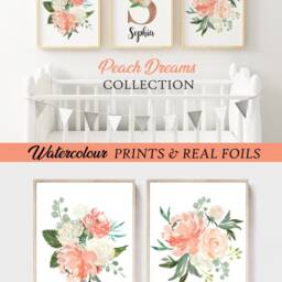 Set Of 3 Nursery Prints, {Digital Printables} Personalised Name Wreath, Watercolour Flowers, Peach Dream, Girls Room Wall Art, Decor - thumbnail 3