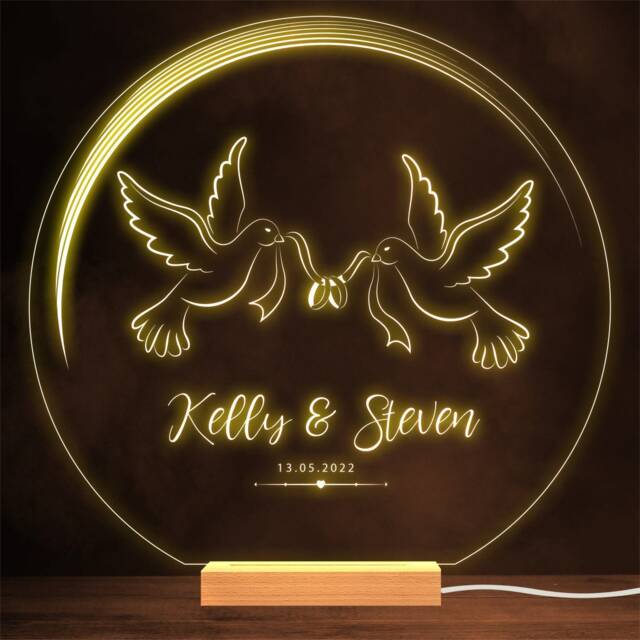 Doves With Wedding Anniversary Rings Married Personalised Gift Lamp Night Light - image 1