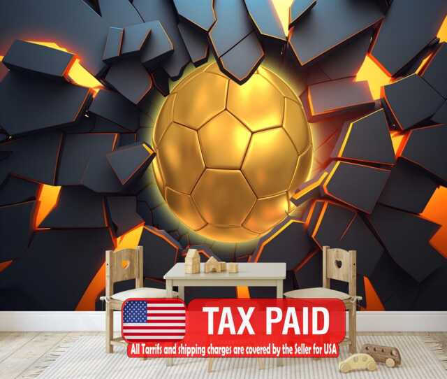 Golden Football 3D Wall Mural, Modern Sports Decor, Peel & Stick Wallpaper - image 1