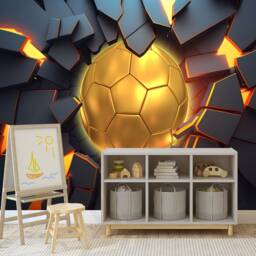 Golden Football 3D Wall Mural, Modern Sports Decor, Peel & Stick Wallpaper - thumbnail 3