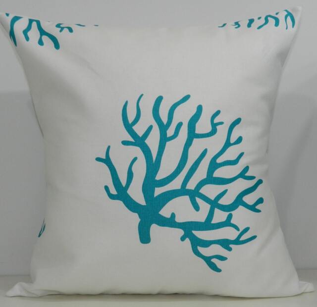 New 18x18 Inch Designer Handmade Pillow Cases. Turquoise & White Coral Patterned Fabric - image 1