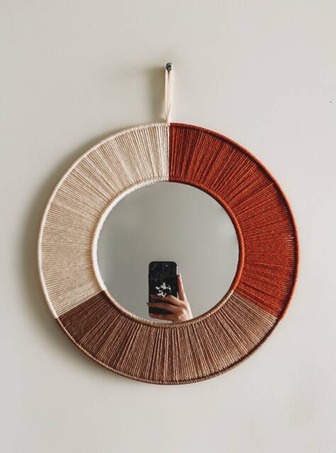 Burnt Orange Brown & Creamy Beige Macrame Mirror/Yarn Wall Hanging Nursery Dorm Decor Boho