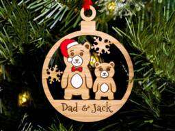 Single Dad Family Christmas Tree Decoration, Bears, Personalised Engraved Xmas Bauble, Secret Santa Stocking, 1 Child Kid Son Daughter Daddy