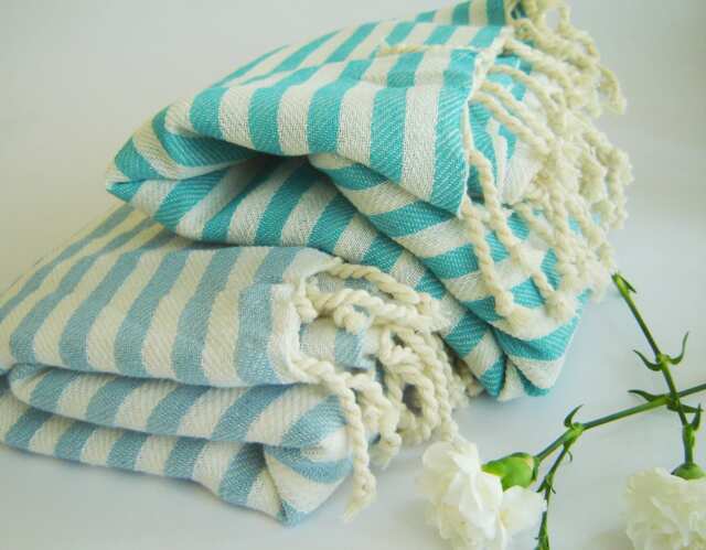 Set Of 2 Turkish Cotton Towels Aqua & Baby Blue Peshtemal - image 1