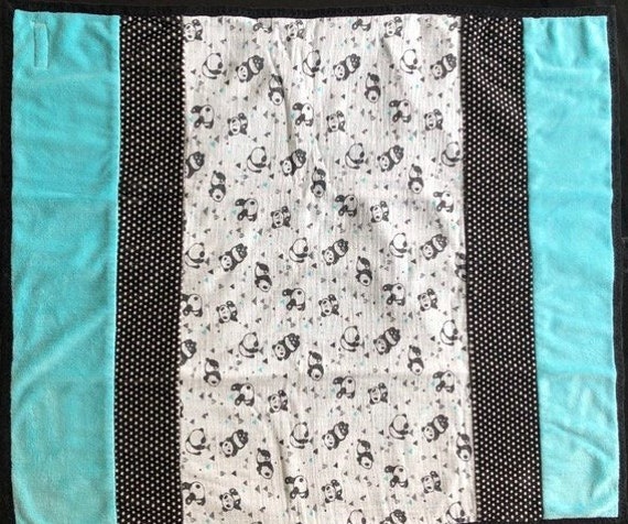 Handmade Modern Baby Minky Blanket With Playful Pandas in Blue & Black With Polka Dots Matching Burp Cloth - image 1
