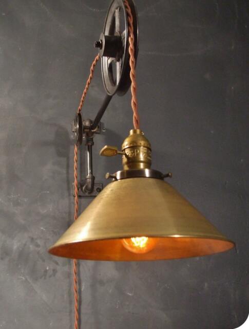 Vintage Industrial Pulley Light - Brass Cone Shade Lamp Wall Mount Steampunk Sconce Lighting 1940S - image 1