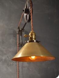 Vintage Industrial Pulley Light - Brass Cone Shade Lamp Wall Mount Steampunk Sconce Lighting 1940S
