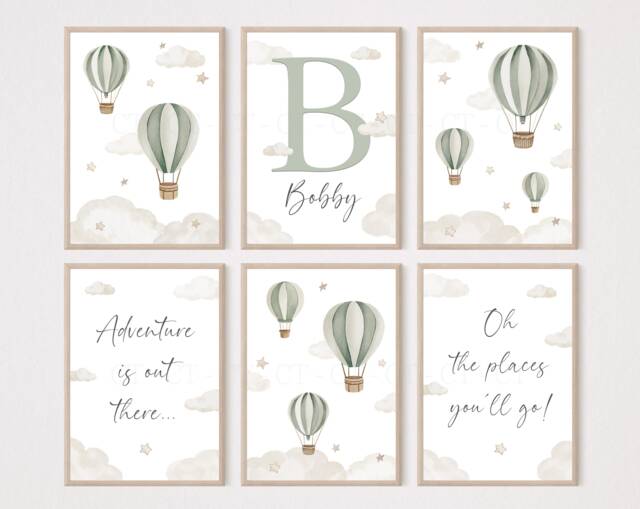 Baby Nursery Air Balloon Cloud Quote Set Of 6 Prints - A4 Or A3 Size Stars Boy Girl Wall Art Unisex Neutral Beige Natural Green Boho