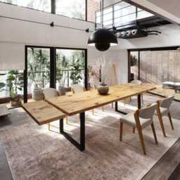 Barton Sq Straight Edge Dining Table Extendable 2 Sides Kitchen Industrial Rustic Wood, Square Steel Legs - thumbnail 1